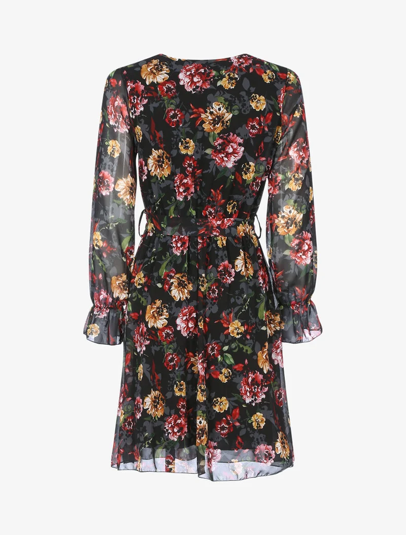 Wickelkleid mit Blumenmuster - Schwarz