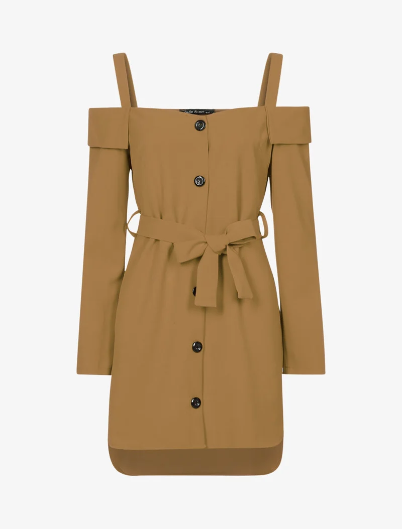 Asymmetrisches Kleid mit schulterfreiem Revers - Braun