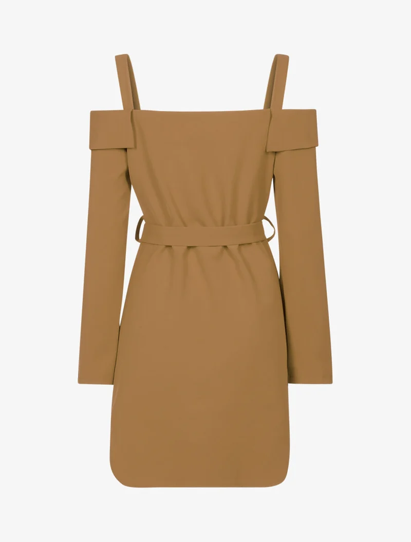 Asymmetrisches Kleid mit schulterfreiem Revers - Braun