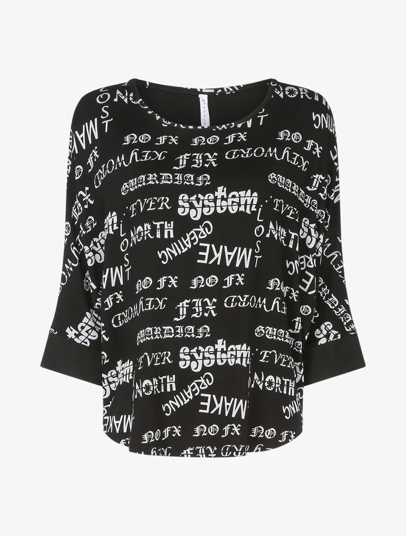 Oversize Fledermaus-Top mit Textaufdruck - Schwarz