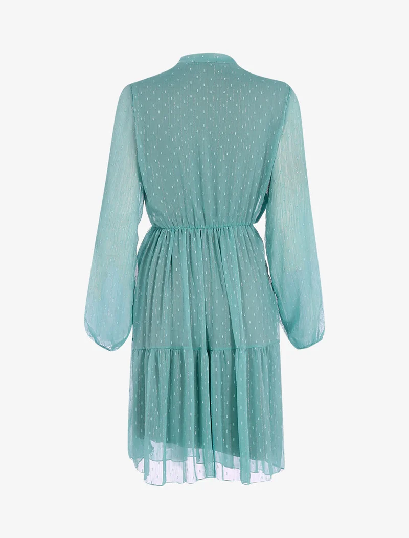 Kleid mit Lavallière-Kragen und gestickten Punkten - Türkis