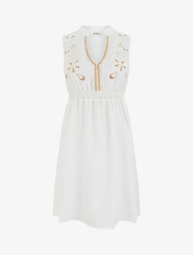Elastisches, knielanges Kleid mit besticktem Brustteil - Ecru