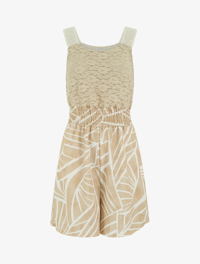 Grafisch bedruckter Jumpsuit mit Spitzen-Bustier - Beige