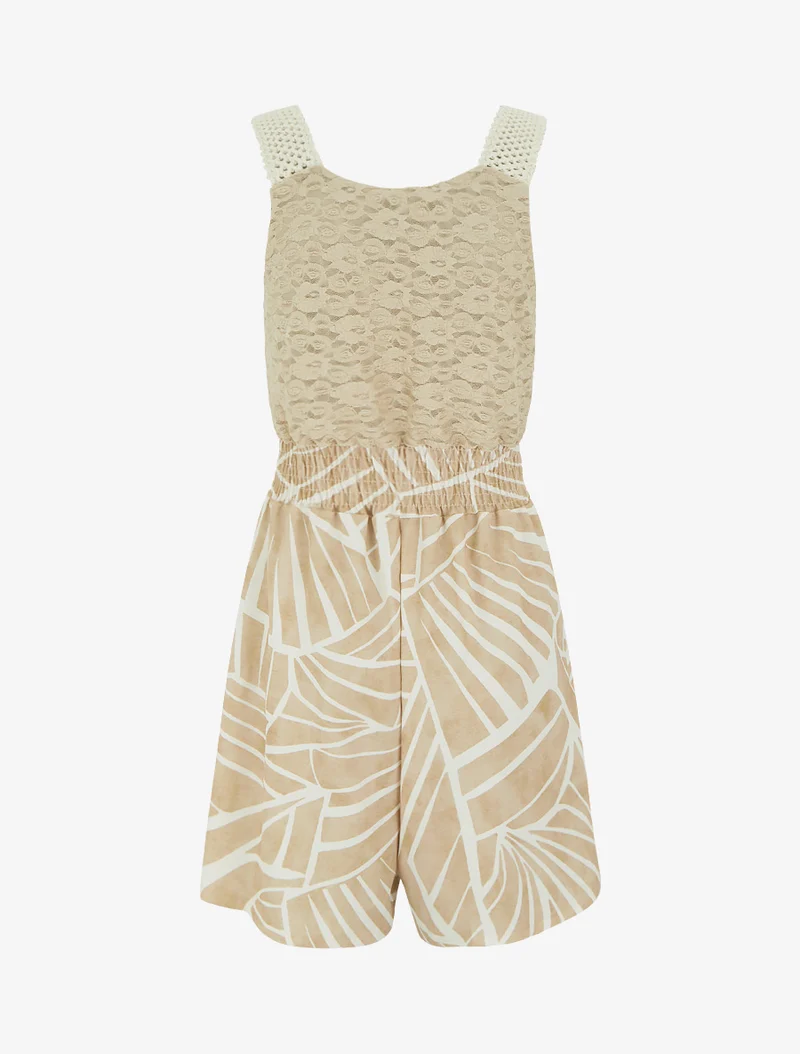 Grafisch bedruckter Jumpsuit mit Spitzen-Bustier - Beige
