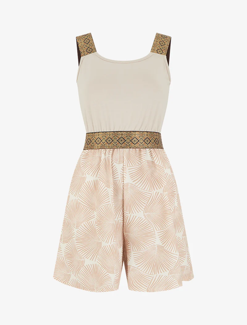 Bedruckter Blätter-Jumpsuit mit fantasievollen Trägern - Beige