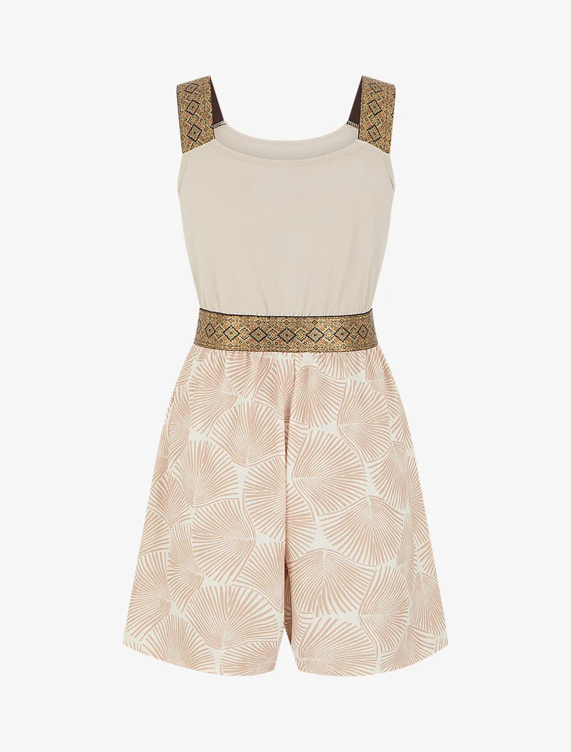 Bedruckter Blätter-Jumpsuit mit fantasievollen Trägern - Beige