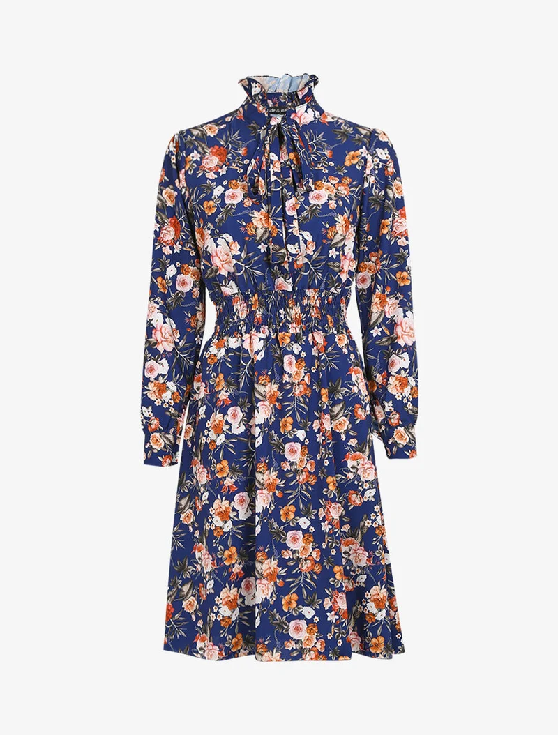 Kleid mit Stehkragen und Schluppe - Blau