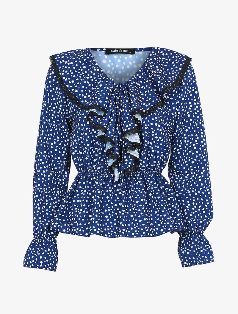 Gepunktete Rüschenbluse - Mitternachtsblau