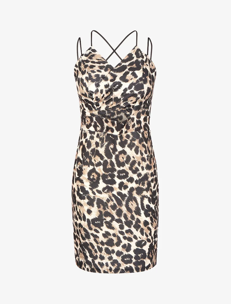 Kleid mit ausgeschnittenem Bauch und Animal-Print - Beige