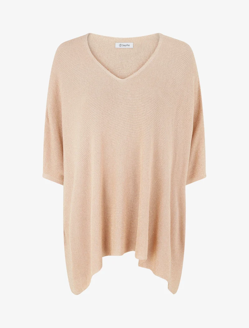 Asymmetrisches Oberteil mit kurzen Ärmeln aus schimmerndem Feinstrick - Rosa Beige