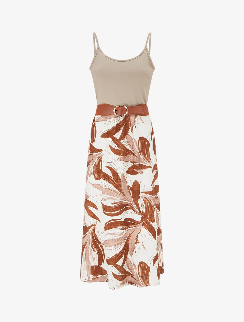 Langes Kleid mit Blattdruck - Braun
