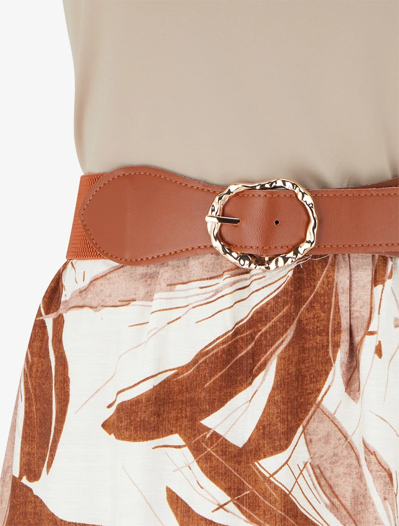 Langes Kleid mit Blattdruck - Braun