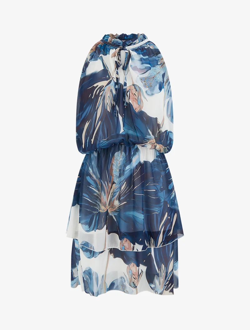 Kleid mit Blumenmuster und elastischer Taille - Marine