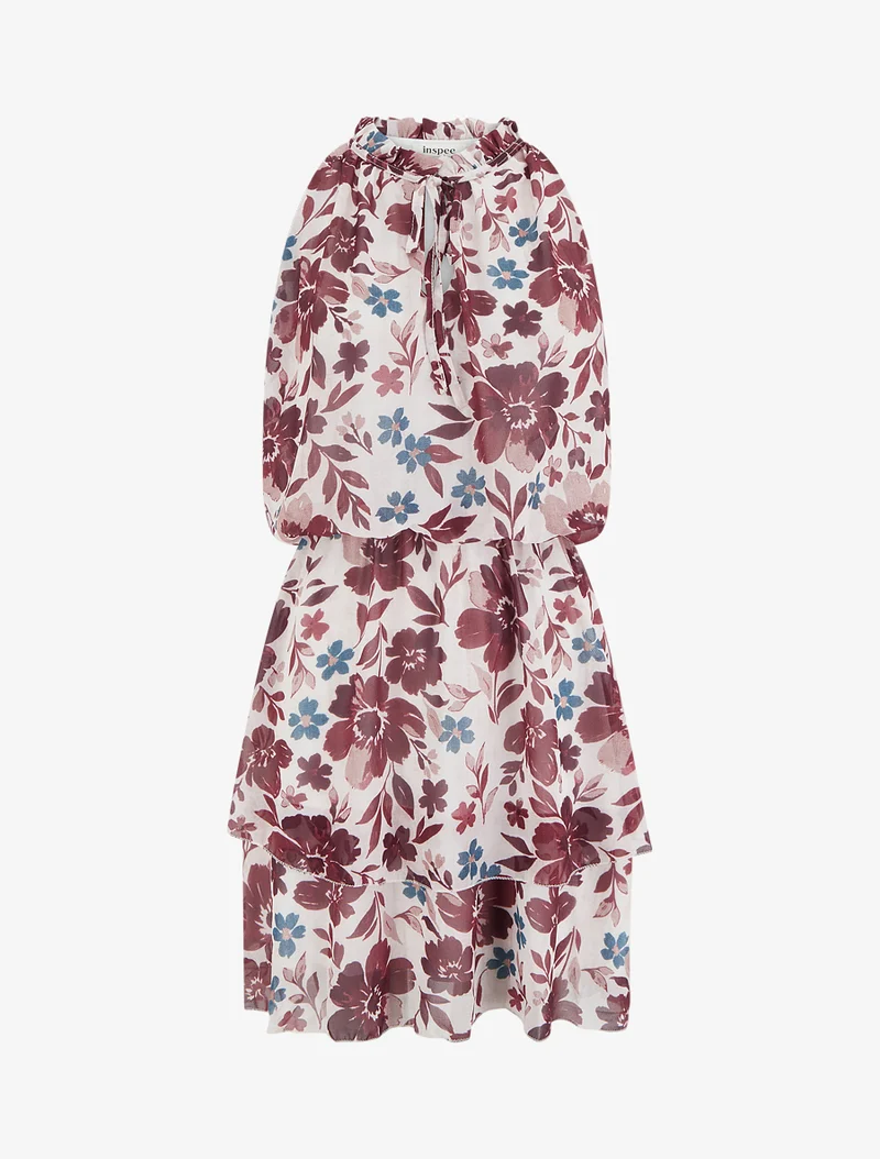 Kleid mit Blumenmuster und elastischer Taille - Bordeaux