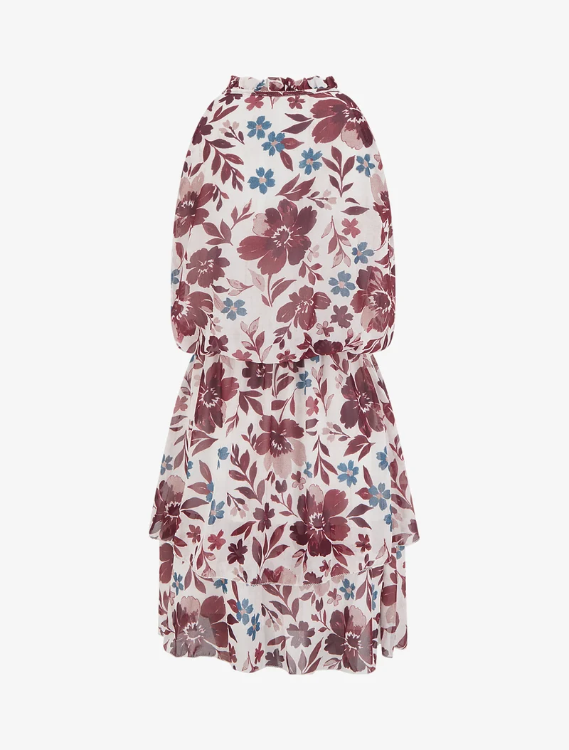 Kleid mit Blumenmuster und elastischer Taille - Bordeaux