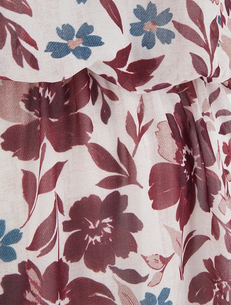 Kleid mit Blumenmuster und elastischer Taille - Bordeaux