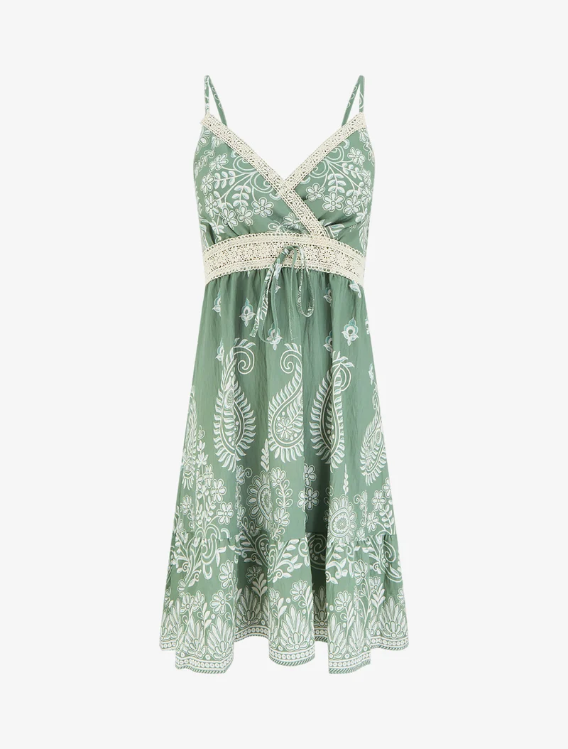 Kleid mit Schal-Print und dünnen Trägern - Kaki
