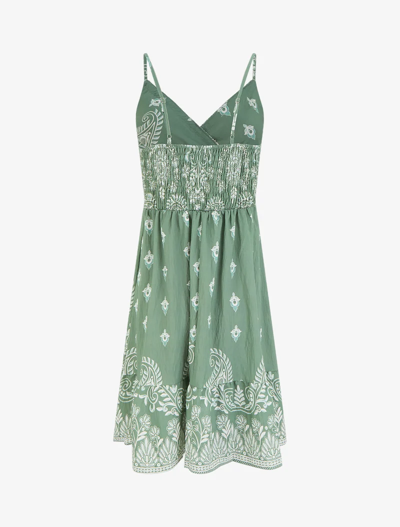 Kleid mit Schal-Print und dünnen Trägern - Kaki