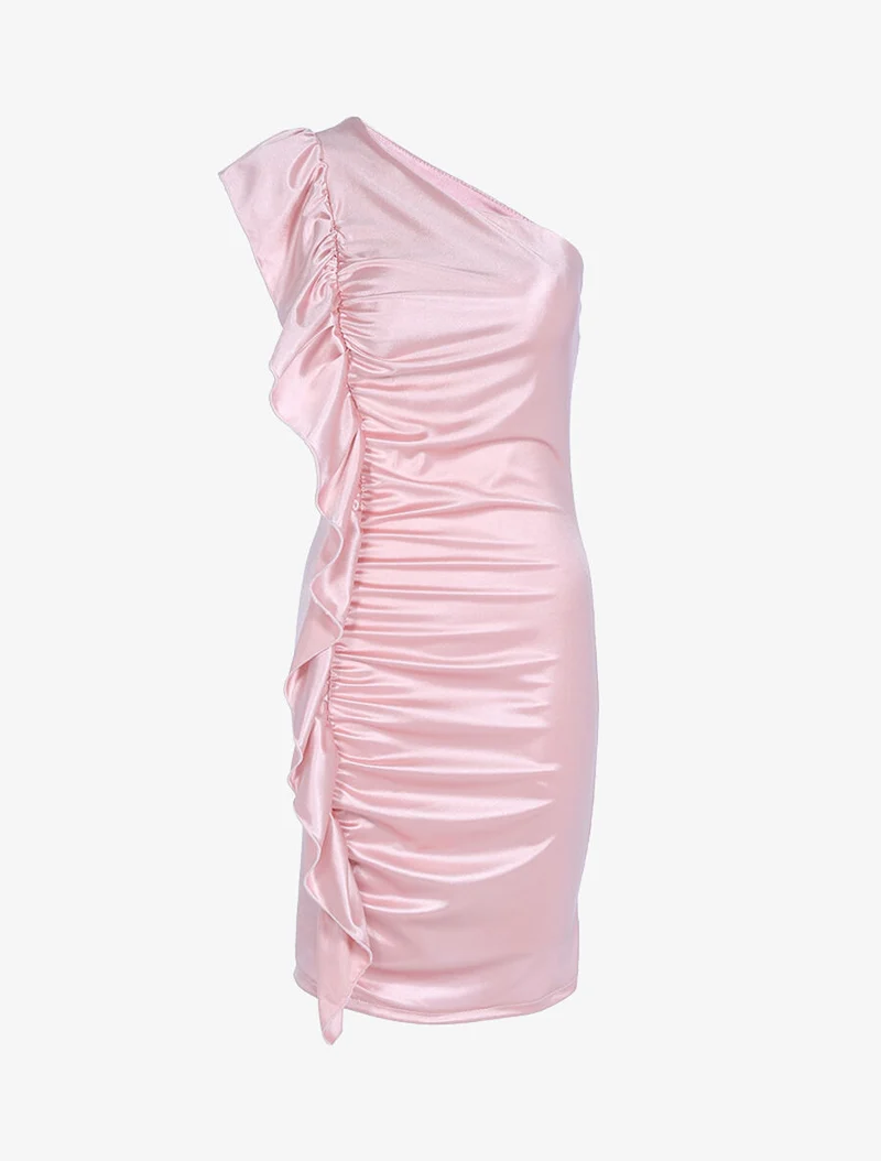 Schulterfreies Kleid mit Rüschen an der Seite - Rose