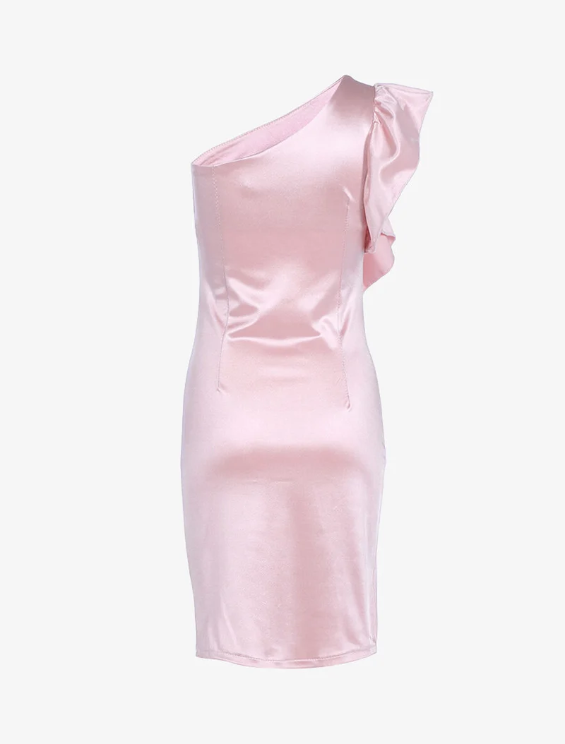 Schulterfreies Kleid mit Rüschen an der Seite - Rose