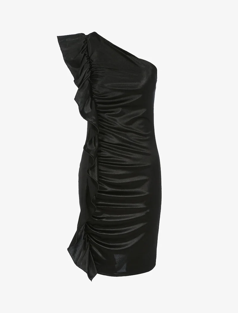 Schulterfreies Kleid mit Rüschen an der Seite - Schwarz