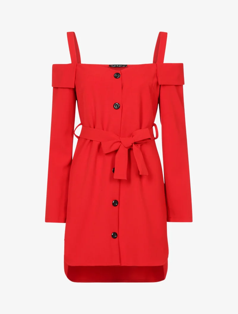 Asymmetrisches Kleid mit schulterfreiem Revers - Rot