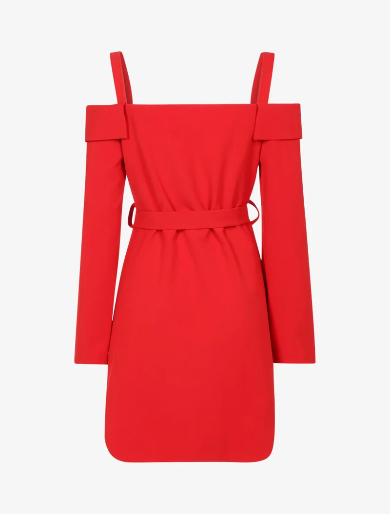 Asymmetrisches Kleid mit schulterfreiem Revers - Rot