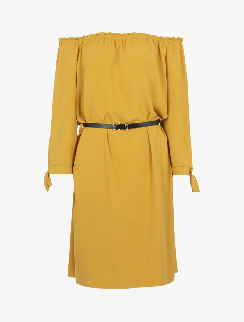 Fließendes Kleid mit Bardot-Ausschnitt - Gelb