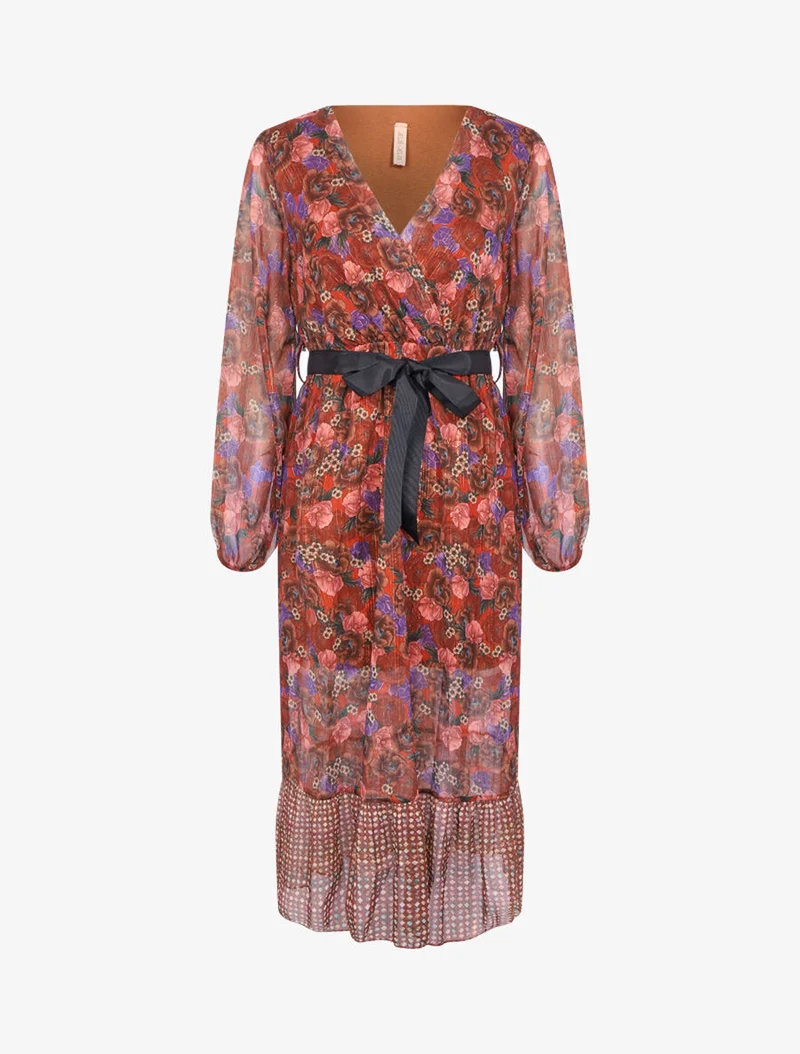 Kleid mit Blumen- und Streifenmuster - Ziegelstein