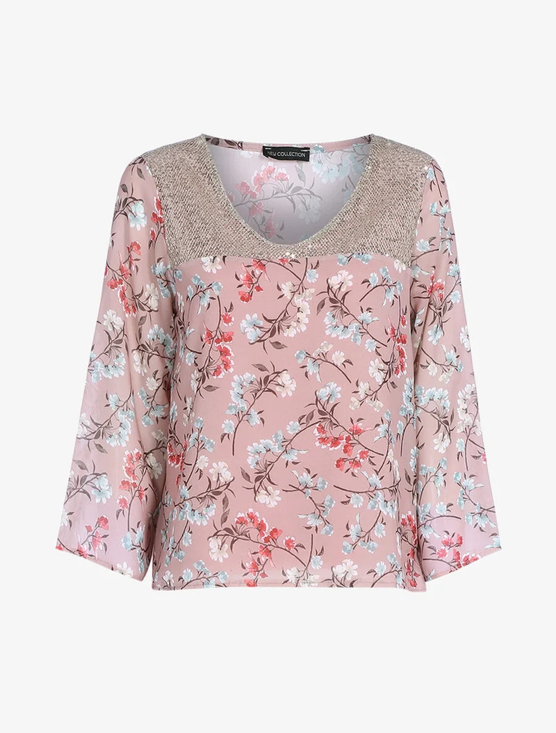 Landhausdruck-Top mit Pailletten - Rose
