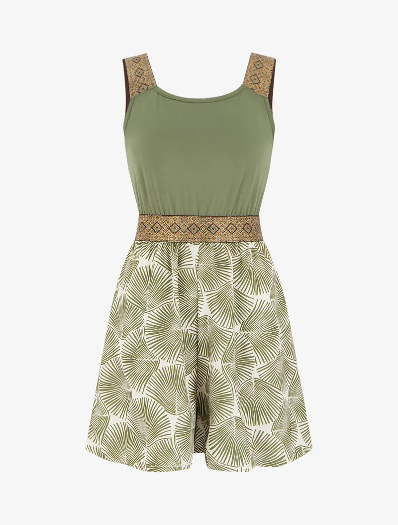 Bedruckter Blätter-Jumpsuit mit fantasievollen Trägern - Kaki