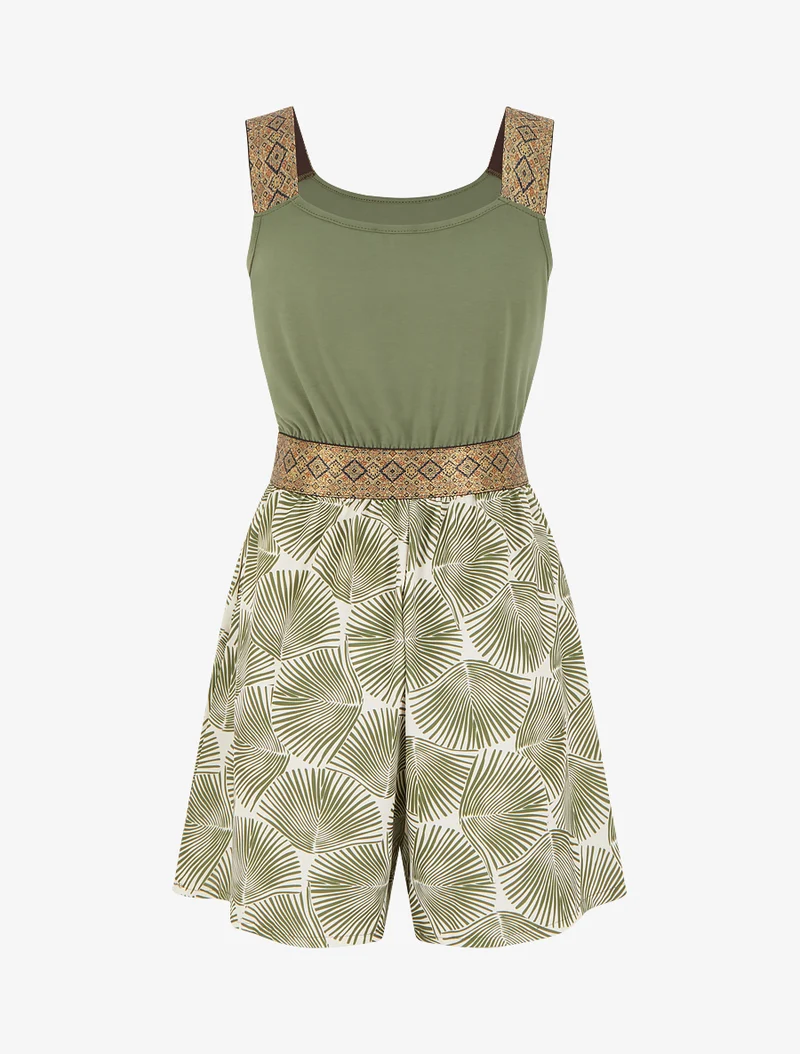 Bedruckter Blätter-Jumpsuit mit fantasievollen Trägern - Kaki