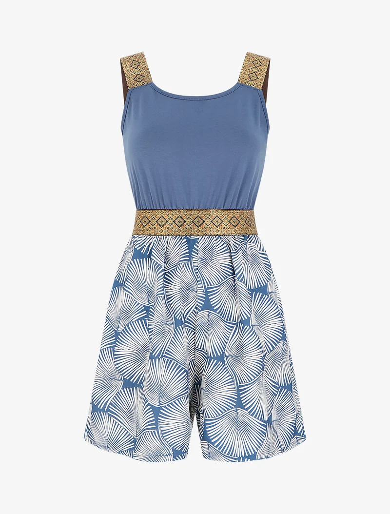 Bedruckter Blätter-Jumpsuit mit fantasievollen Trägern - Blau