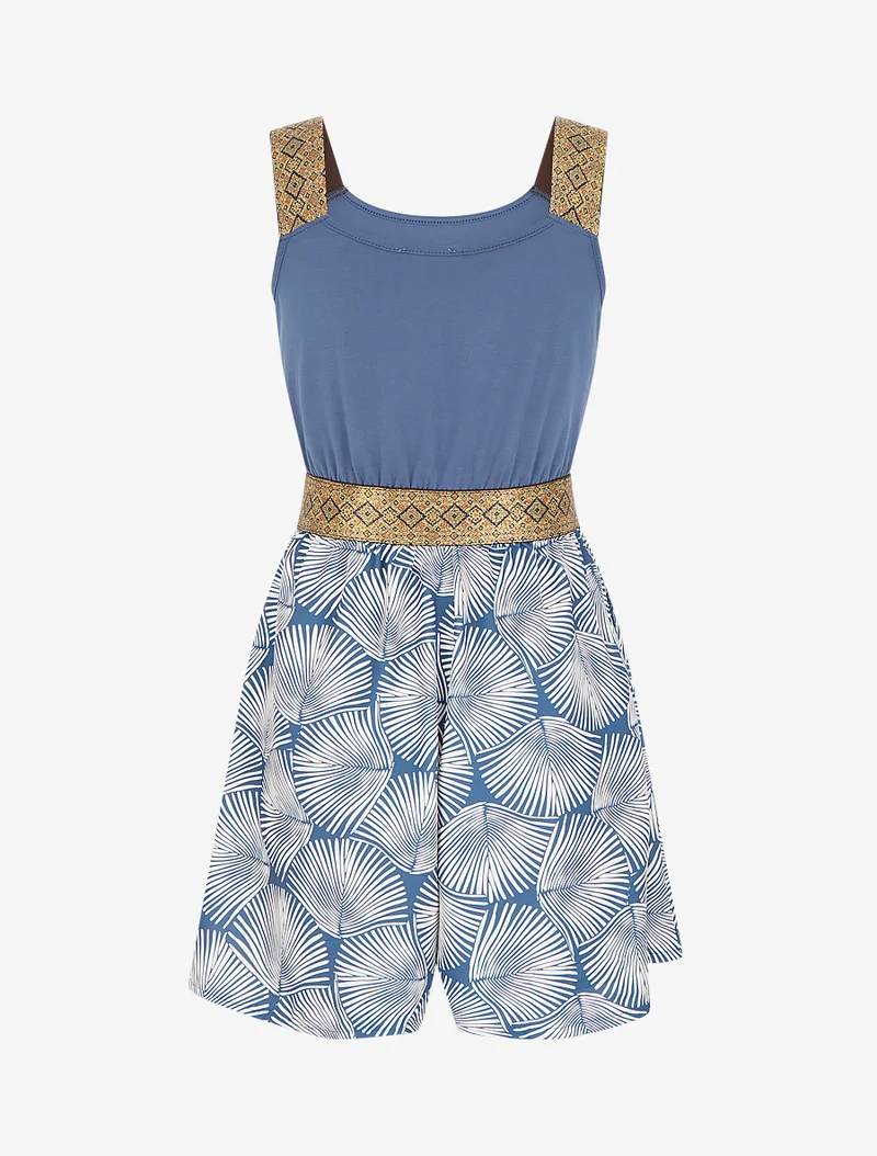 Bedruckter Blätter-Jumpsuit mit fantasievollen Trägern - Blau