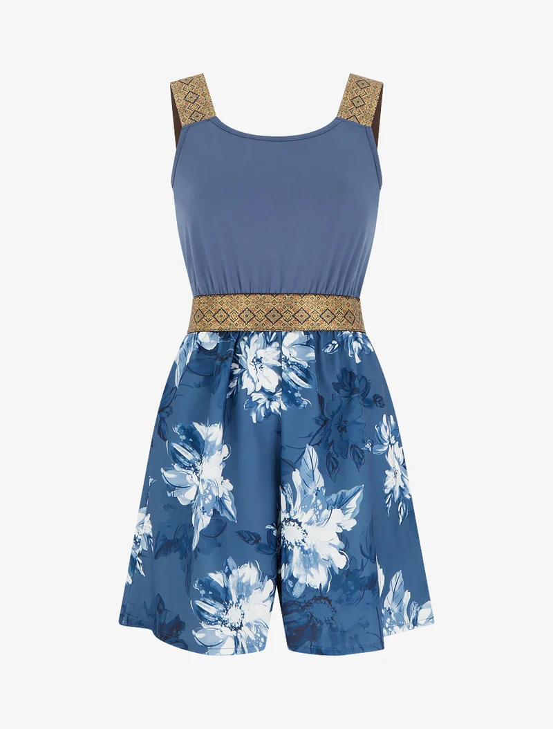 Bedruckter Blumen-Jumpsuit mit fantasievollen Trägern - Blau