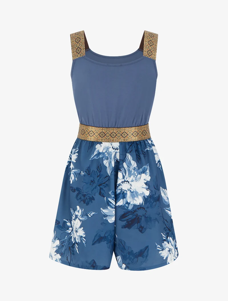 Bedruckter Blumen-Jumpsuit mit fantasievollen Trägern - Blau