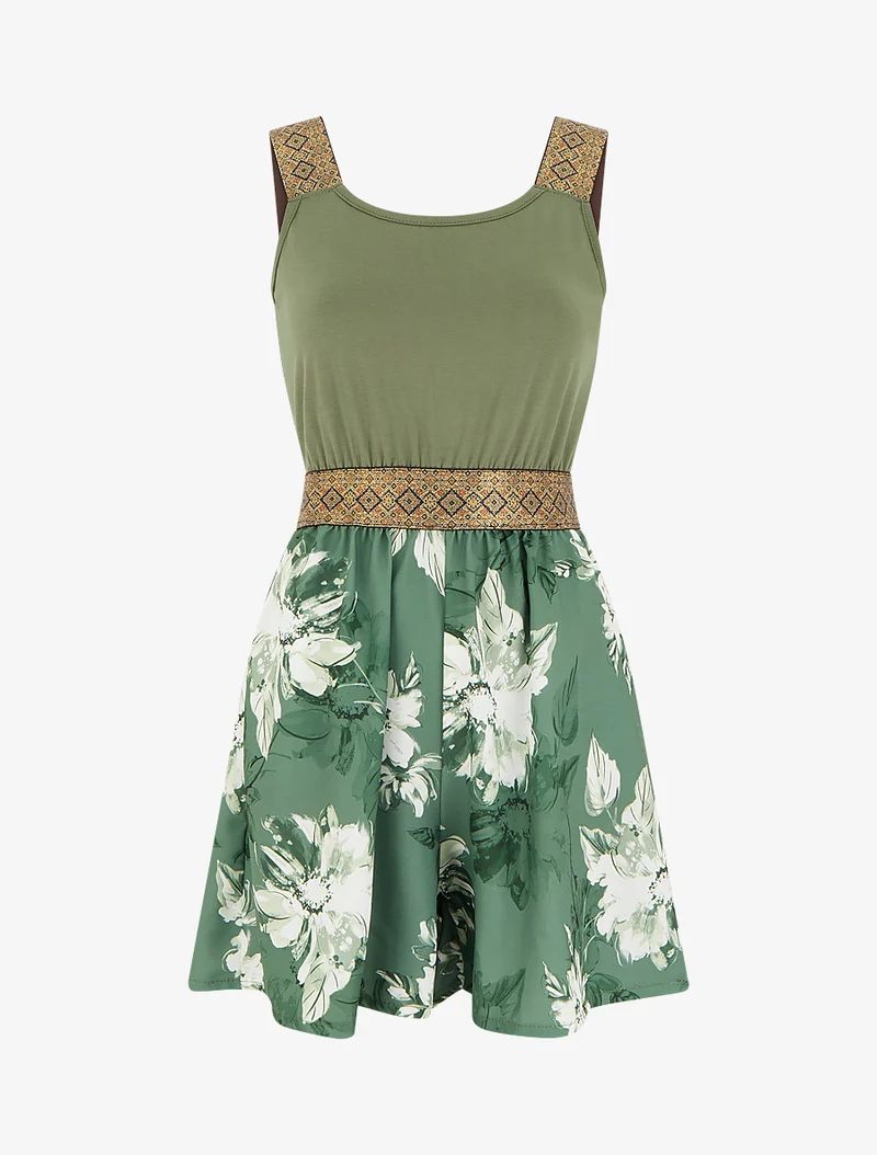 Bedruckter Blumen-Jumpsuit mit fantasievollen Trägern - Kaki