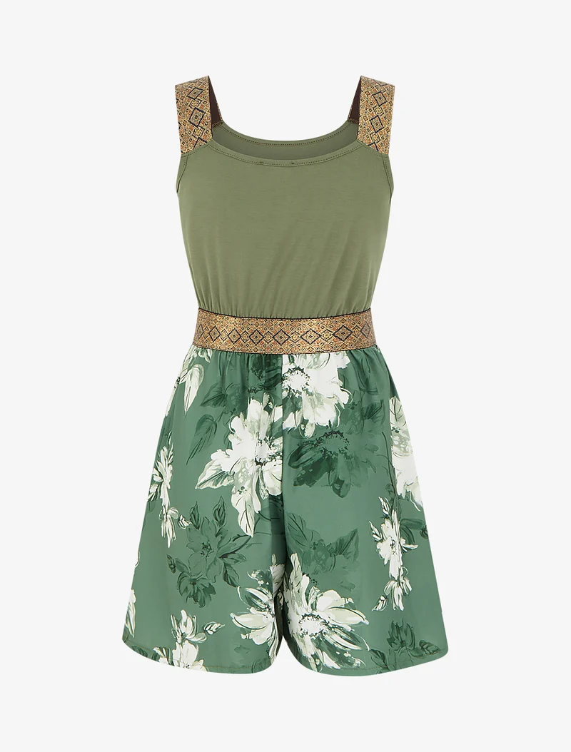 Bedruckter Blumen-Jumpsuit mit fantasievollen Trägern - Kaki
