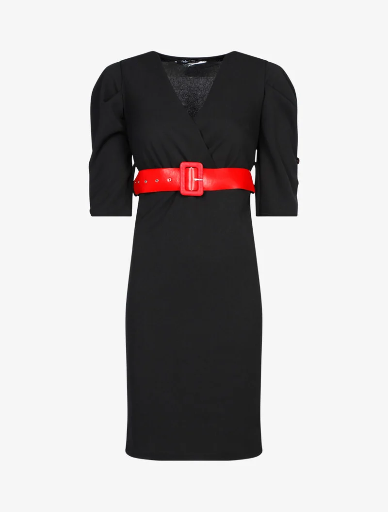 Empire-Taille-Kleid mit Gürtel - Schwarz