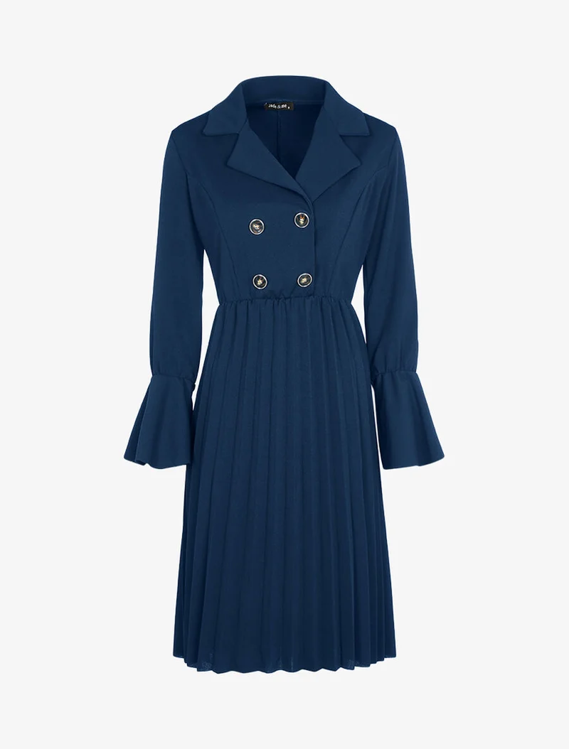 Offiziersstil-Kleid mit plissiertem Saum - Marine