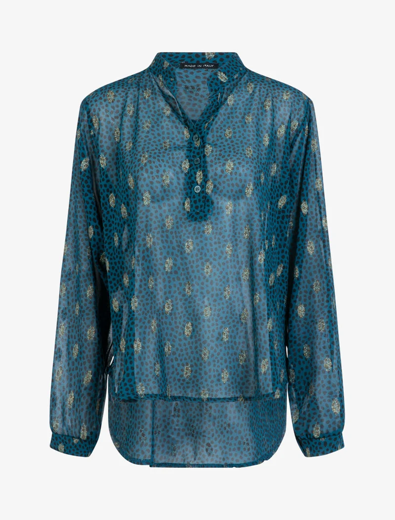 Bluse aus Voile mit getupftem und blättrigem Print - Petrolblau
