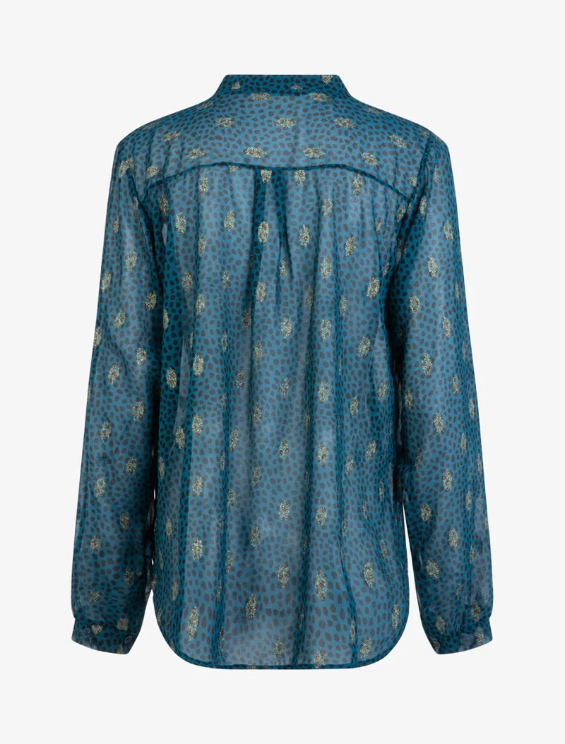 Bluse aus Voile mit getupftem und blättrigem Print - Petrolblau