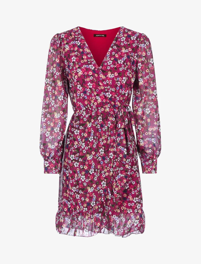 Rüschenkleid mit durchbrochenen Ärmeln - Kirschrot