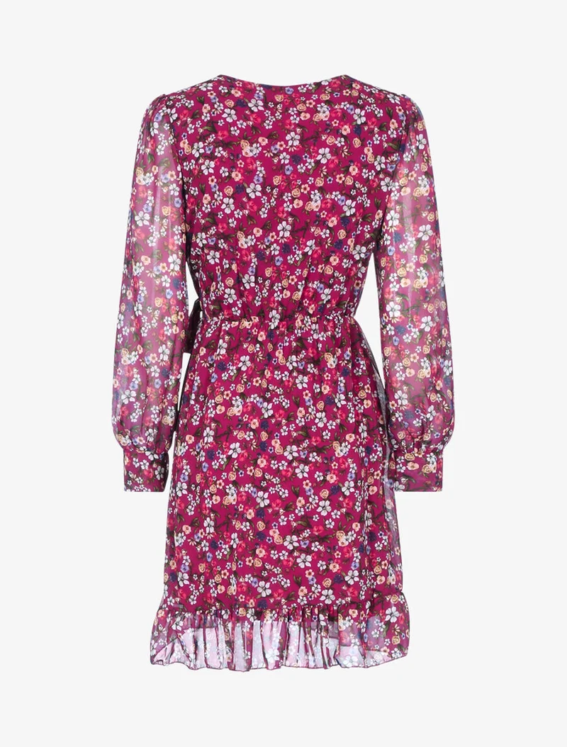 Rüschenkleid mit durchbrochenen Ärmeln - Kirschrot