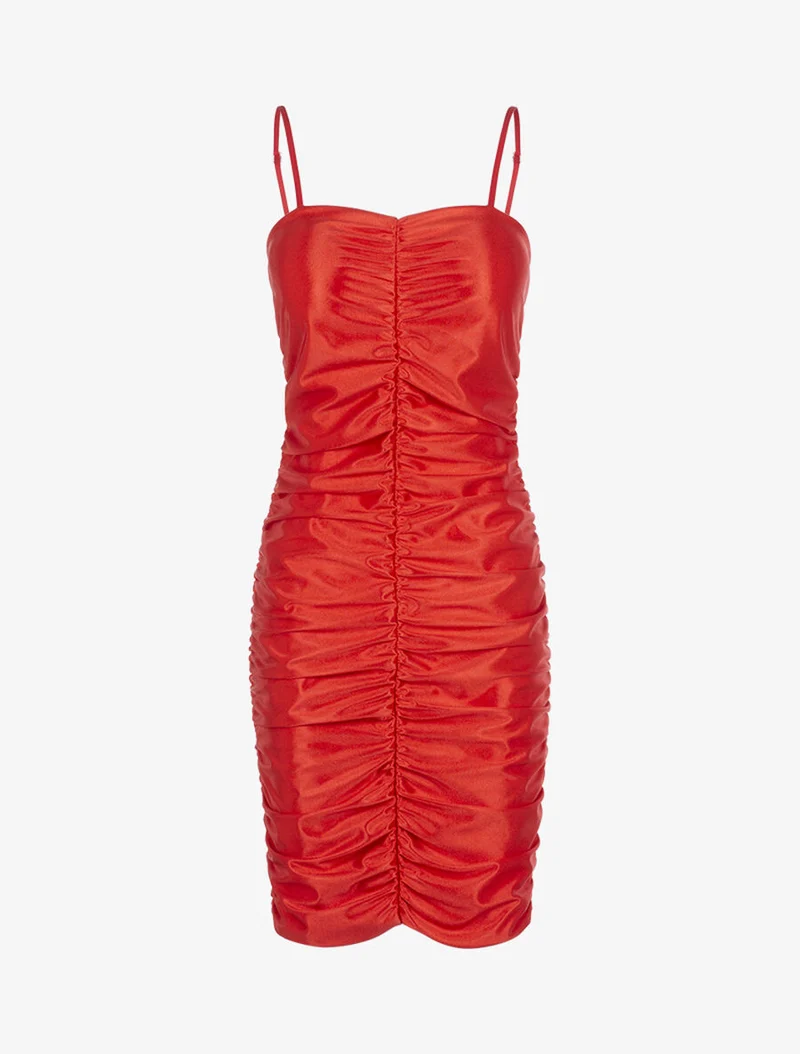 Gerafftes Satin-Kleid - Rot
