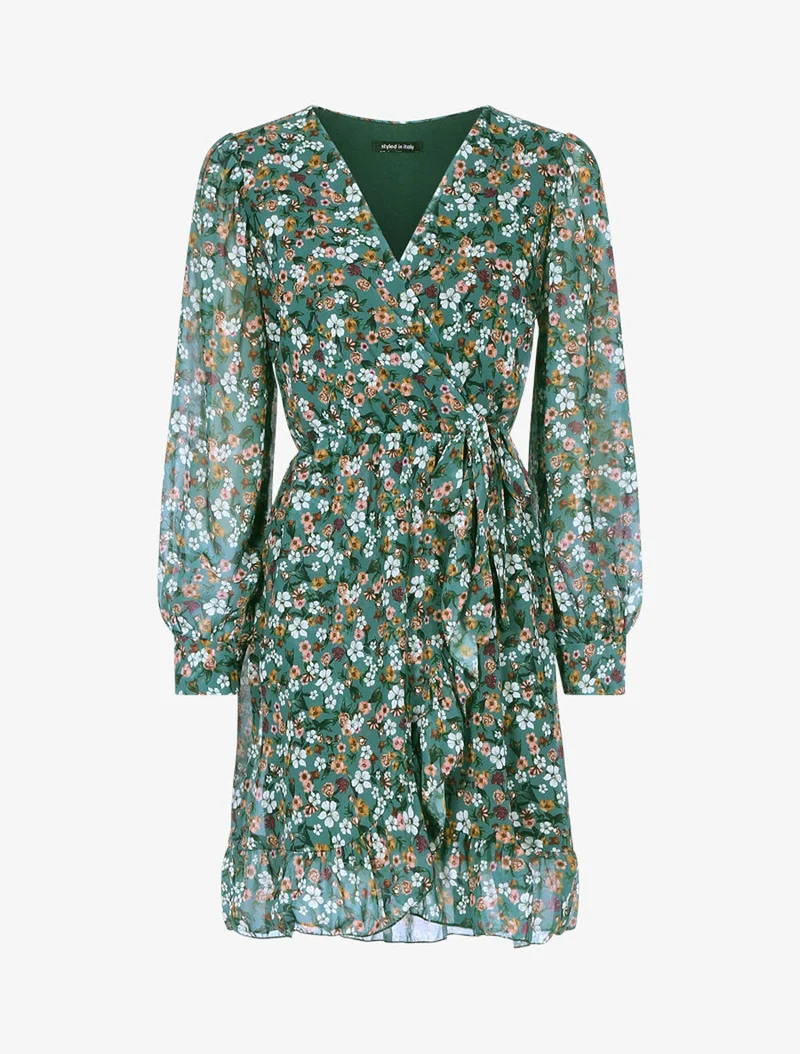 Rüschenkleid mit durchbrochenen Ärmeln - Grün