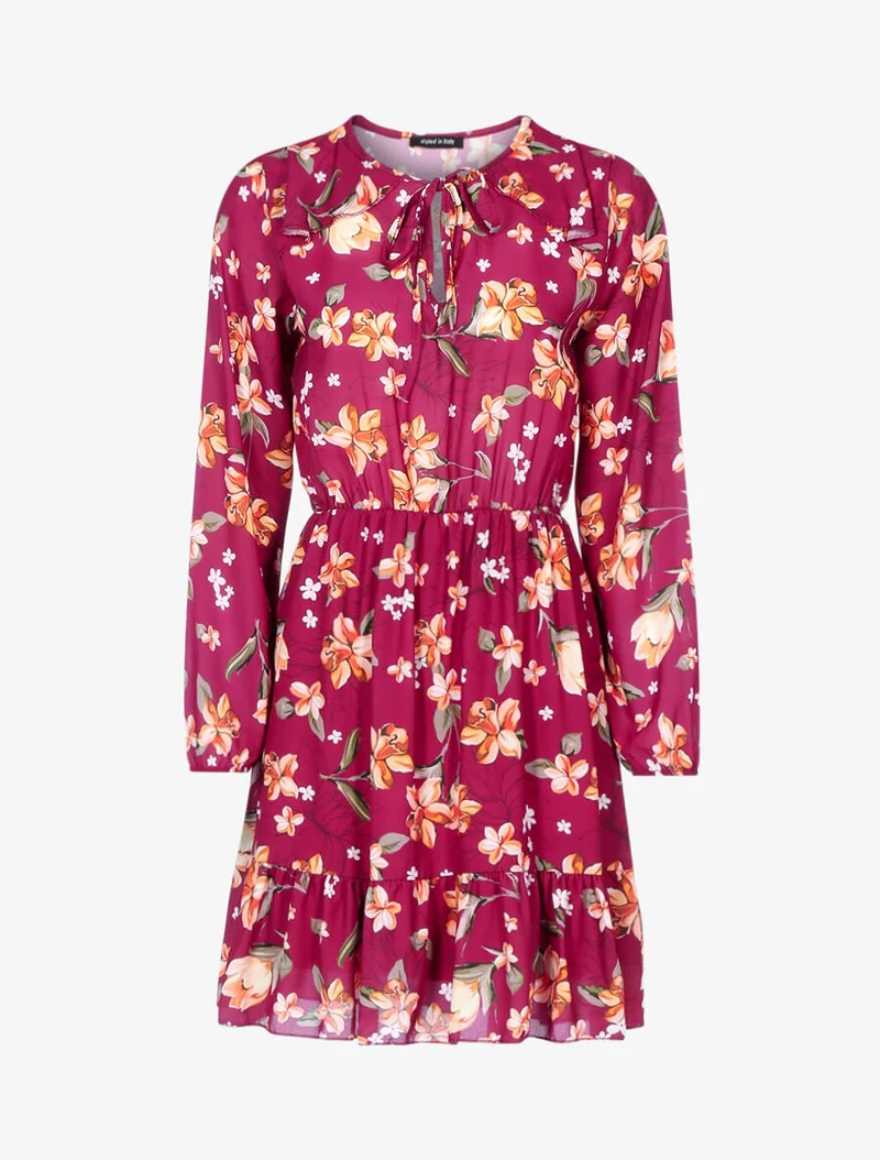Blumenkleid mit durchbrochenem Oberteil - Kirschrot