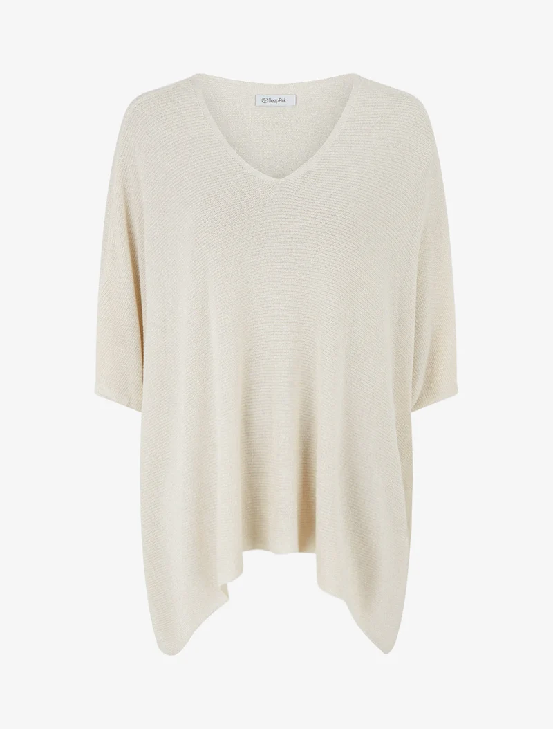 Asymmetrisches Oberteil mit kurzen Ärmeln aus schimmerndem Feinstrick - Beige