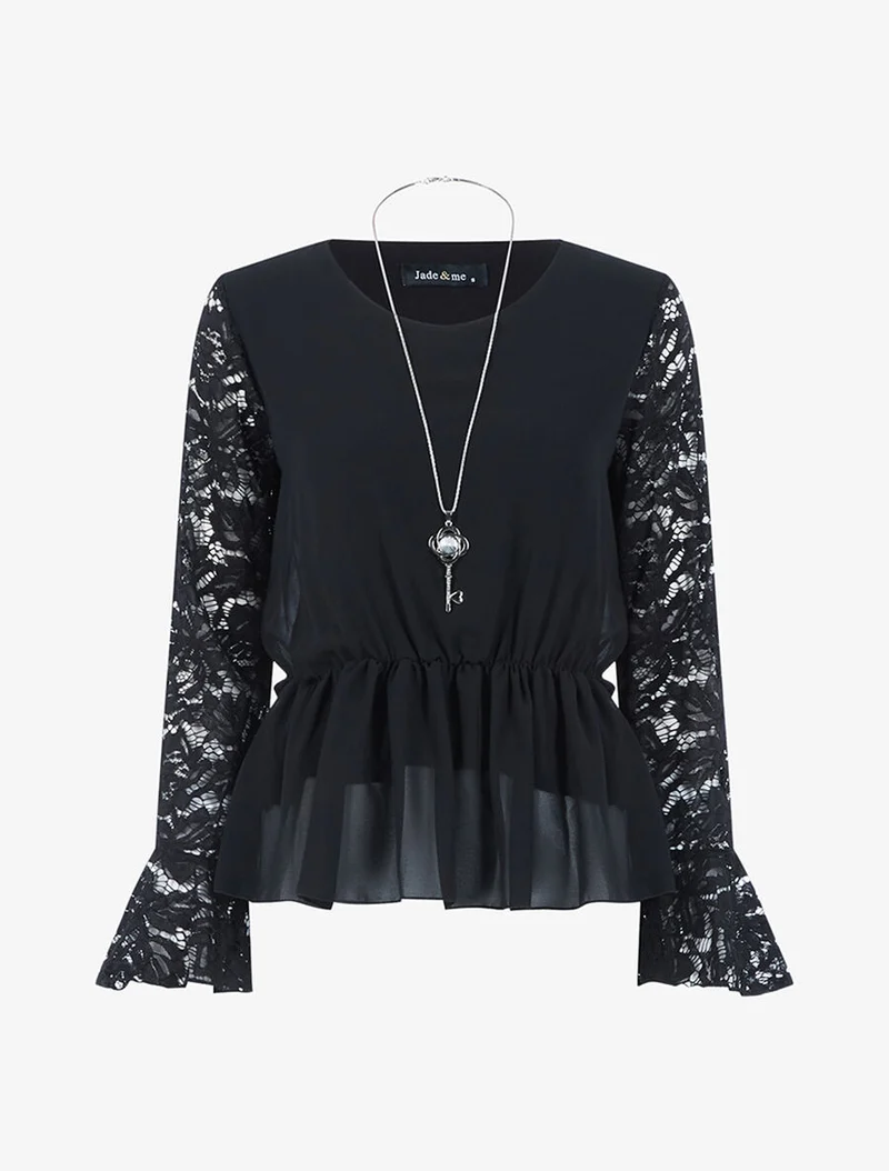 Taillierte Bluse mit Spitzenärmeln - Schwarz