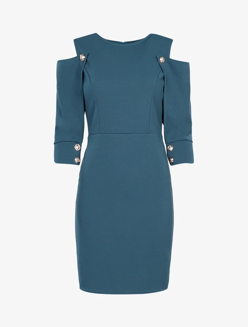 Kleid mit geknöpften Ärmeln - Entenblau